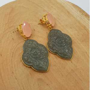 Gold plated earrings with pink Chalcedony and carved grey Chalcedony 