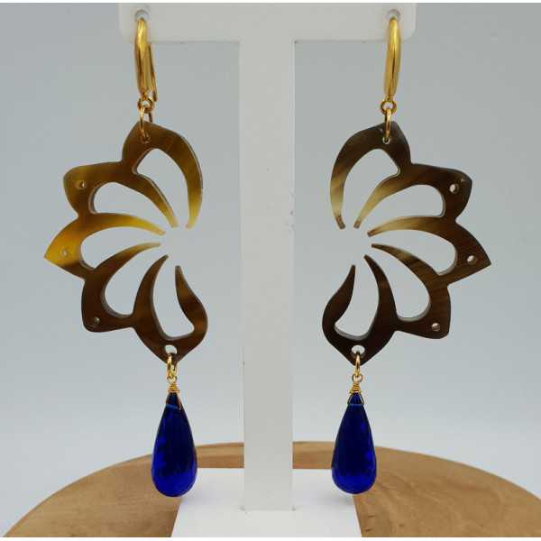 Earrings with buffalo horn and Sapphire blue quartz briolet