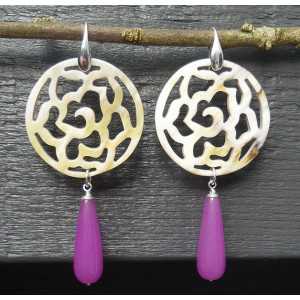 Silver earrings with carved buffalo horn and purple Jade 