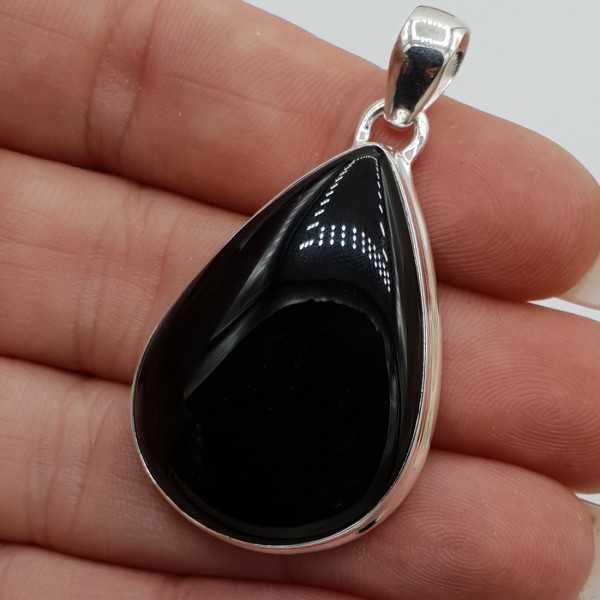 Zilveren edelsteen hanger met druppelvormige Onyx