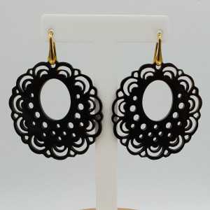 Earrings with carved black buffalo horn pendant