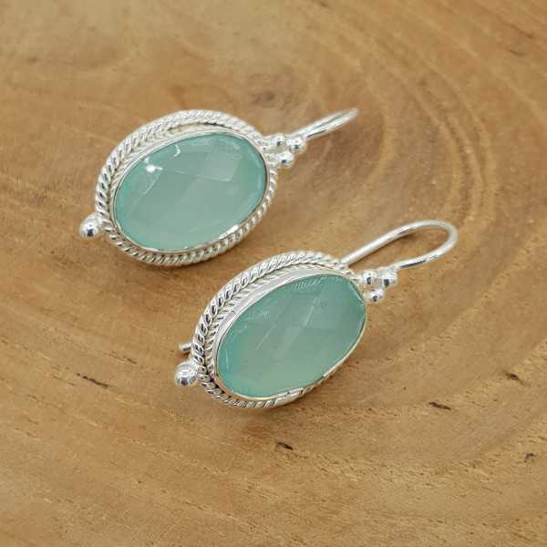 Silber Ohrringe-set mit einem ovalen facettierten aqua Chalcedon