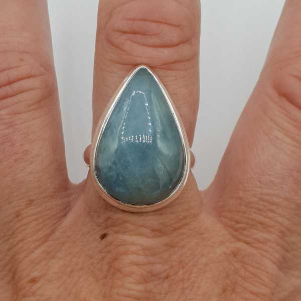 Silver ring set with oval cabochon Aquamarine 18.5 mm