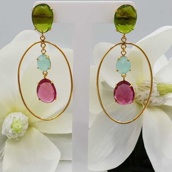 Vergoldete Ohrringe mit Chalcedon Peridot und rosa Turmalin Quarz