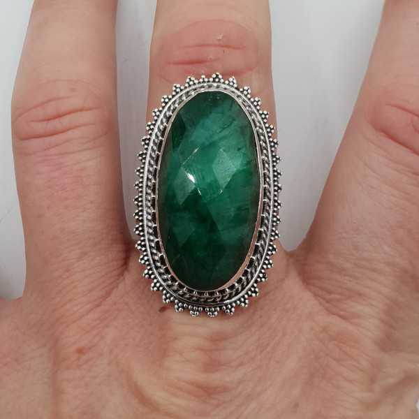 Silver ring with Emerald and carved head 18.5 mm