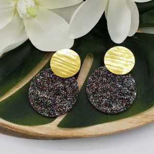 Gold plated earrings with large round glitter resin pendant