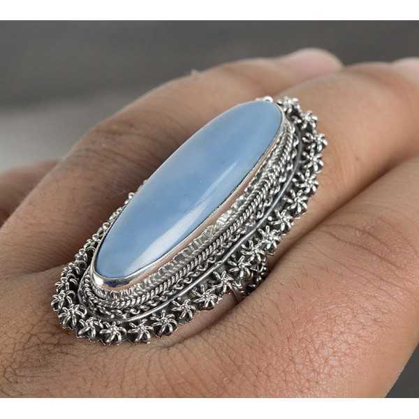 Silver ring set with large oval blue Opal 18.5 mm