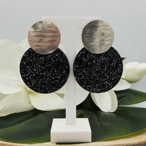 Absorberend proza apotheker Zilveren oorbellen met grote ronde zwarte glitter resin hanger