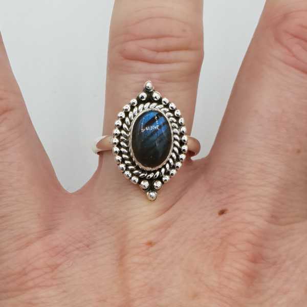 Silver ring set with oval Labradorite carved head 17.5 mm