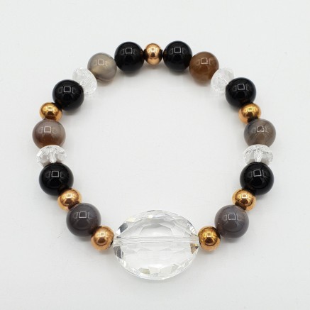 Armband aus grauen Achat-Bergkristall und Onyx