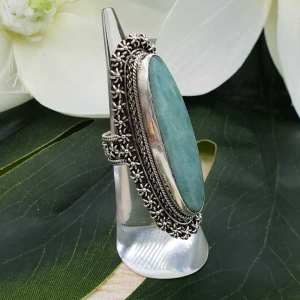 Silver ring set with large oval Amazonite 15 mm