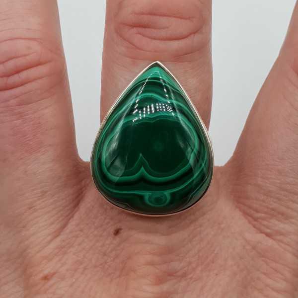 Silver ring set with large oval Malachite 19 mm