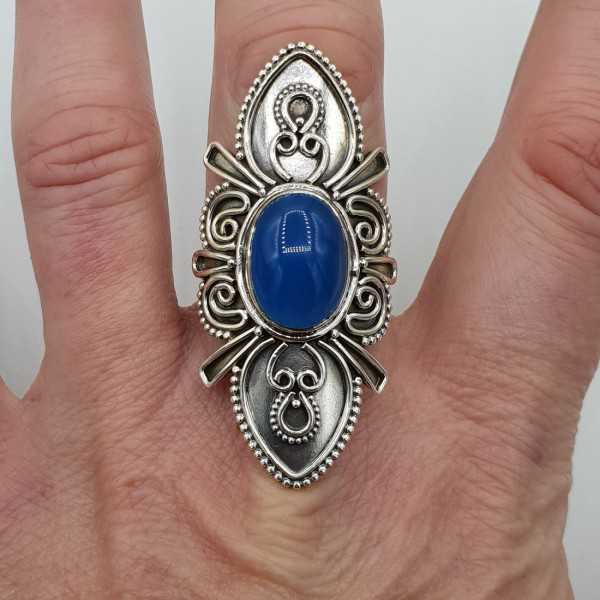 Silver ring set with blue Chalcedony and carved head 19 mm