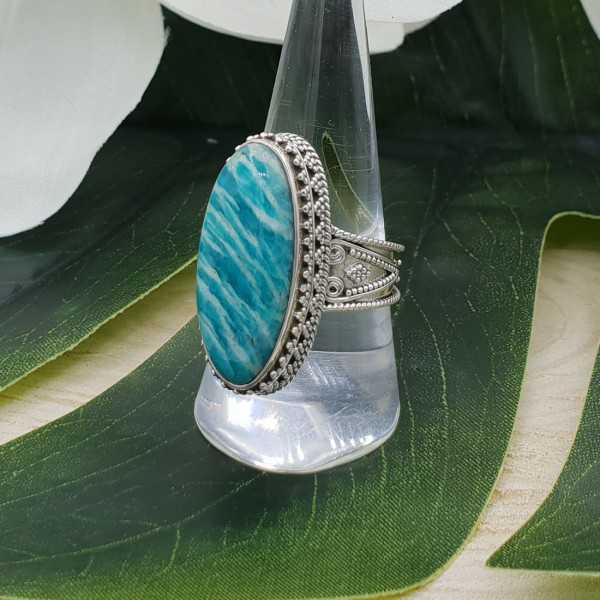 Silver ring with Amazonite set in carved setting 18.5 mm