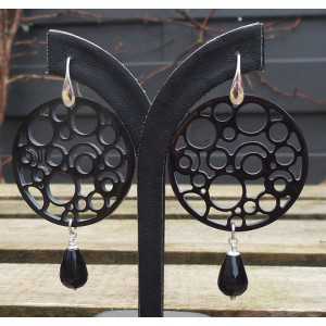 Silver earrings round buffalo horn and Onyx briolet