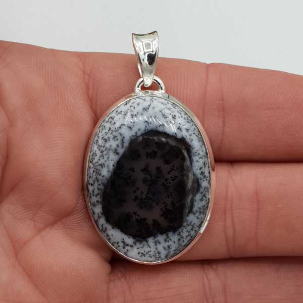 Silver pendant with wide oval Dendrite Opal