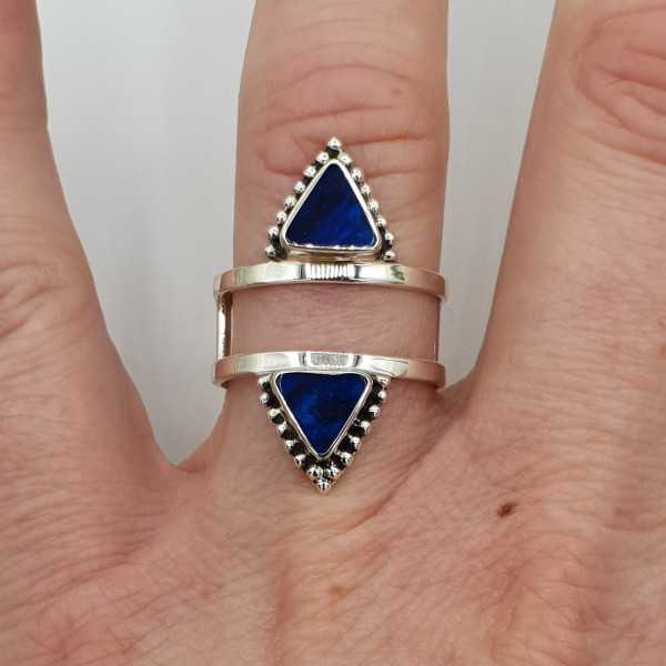 Silver ring set with triangular blue Abalone shell