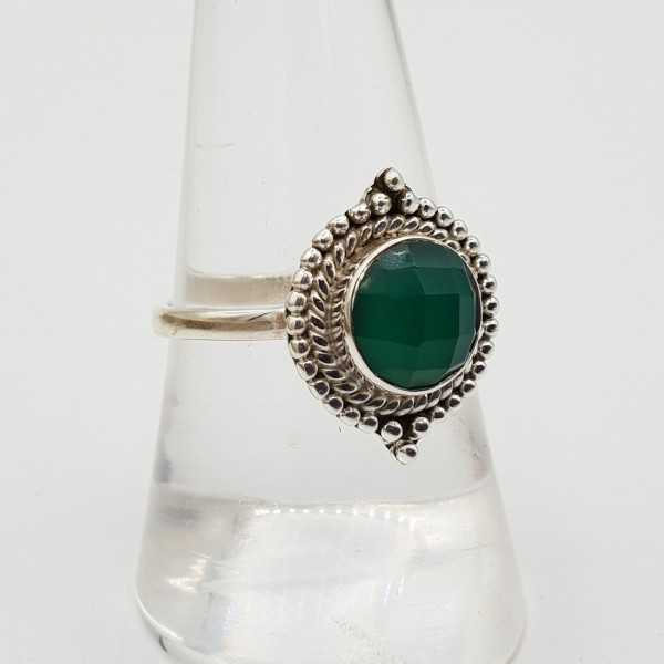 Silver ring set with round faceted green Onyx 18 mm