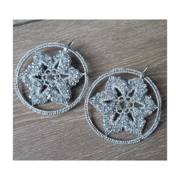 Silver earrings big silver circle of silk thread and crystals