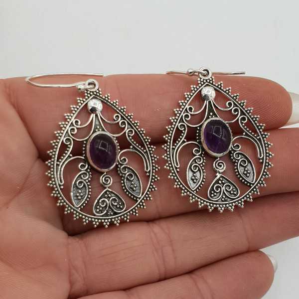 Silber Ohrringe cabochon oval Amethyst geschnitzt Einstellung