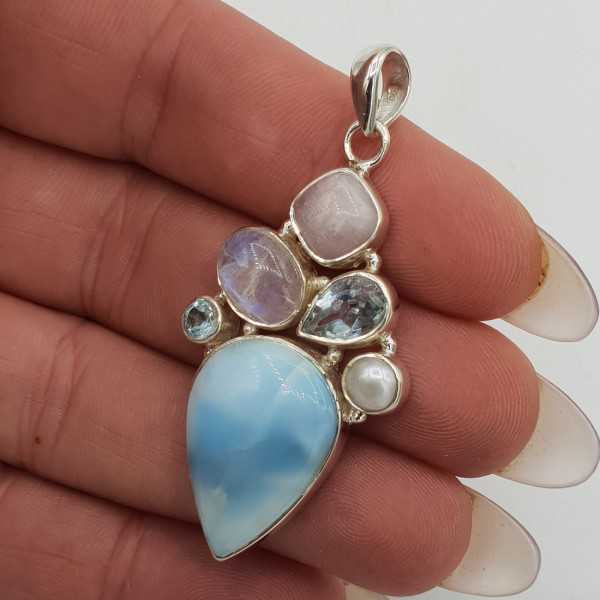 Silver pendant with Larimar Moonstone Kunziet and Topaz