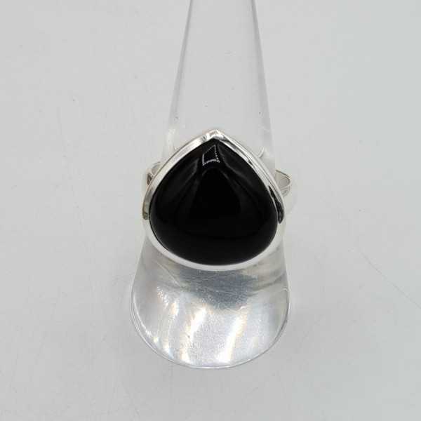 Silver ring with large oval black Onyx (19 mm)