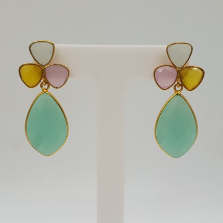 Gold-plated drop earrings with yellow, white, and aqua Chalcedony