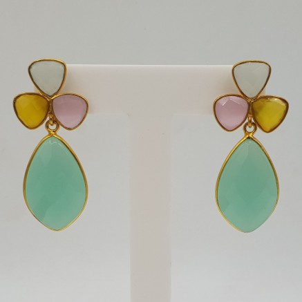 Gold-plated drop earrings with yellow, white, and aqua Chalcedony