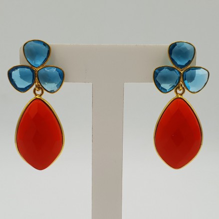 Gold-plated drop earrings with Topaz, blue quartz, and Garnet and red quartz