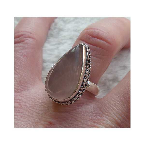 Silver ring set with oval shape rose quartz size 17.5 mm 