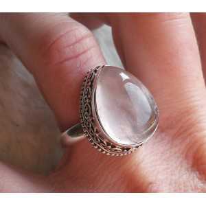 Zilveren ring gezet met druppelvorm cabochon Rozenkwarts 17.5 mm 