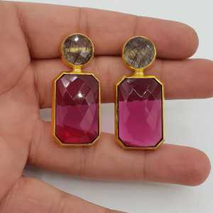Vergoldete Ohrringe mit schwarzen Toermalijnkwarts und-rosa-Turmalin-Quarz