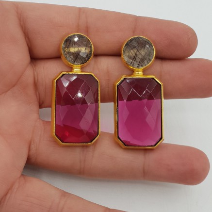 Gold-plated drop earrings with black Toermalijnkwarts and-pink-Tourmaline quartz