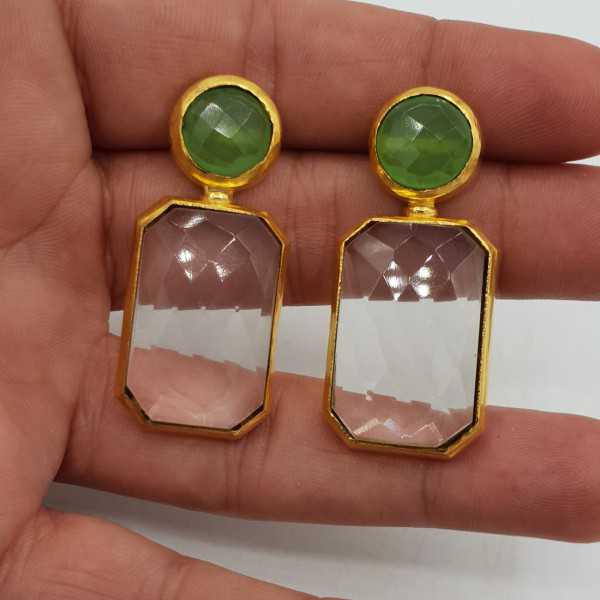 Gold-plated drop earrings with Crystal and green Chalcedony