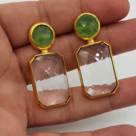 Gold-plated drop earrings with Crystal and green Chalcedony