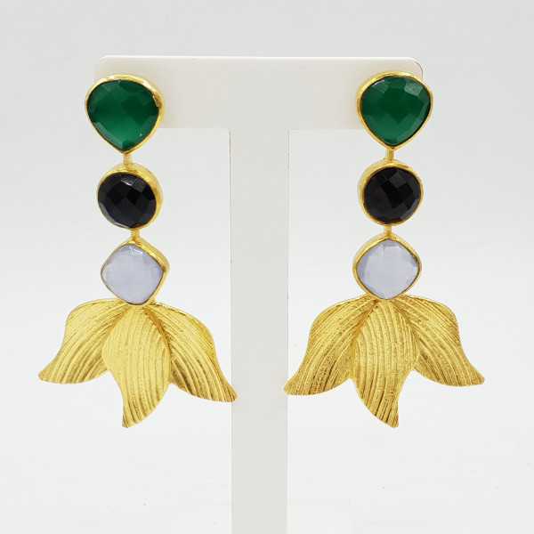 Gold-plated drop earrings with green Onyx Chalcedony and black Onyx.