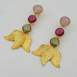 Vergoldete Ohrringe mit Chalcedon, grüner Amethyst, pink Turmalin, Quarz