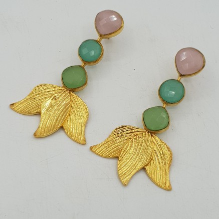 Gold-plated drop earrings with pink, green and aqua Chalcedony