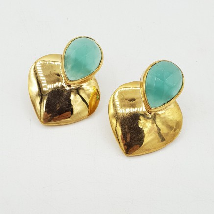 Gold-plated drop earrings heart set with aqua Chalcedony