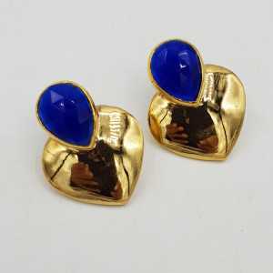 Gold plated earrings hearts are made with cobalt blue Chalcedony