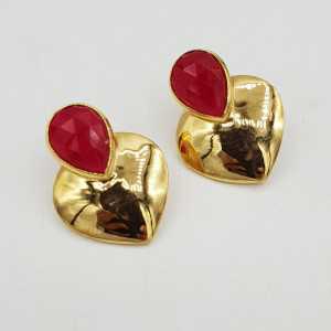 Gold-plated drop earrings heart set with a Ruby