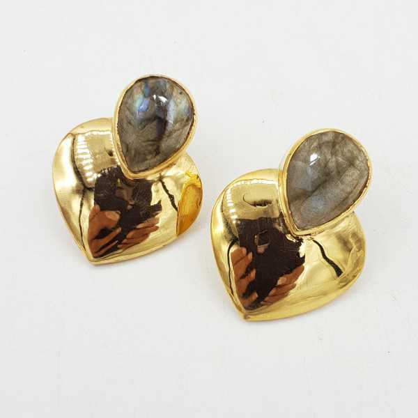 Gold-plated drop earrings heart set with Labradorite