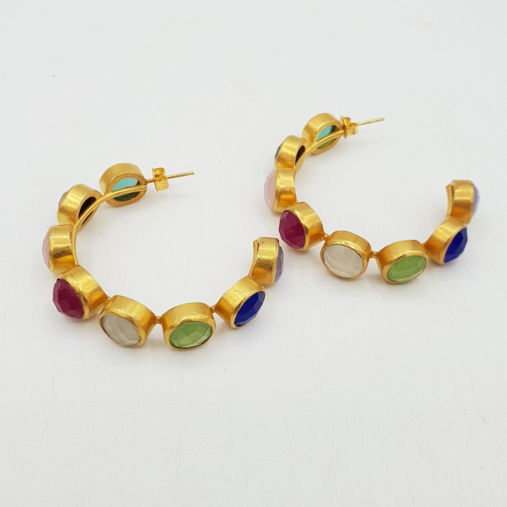 Gold-plated creole with multi-gemstones