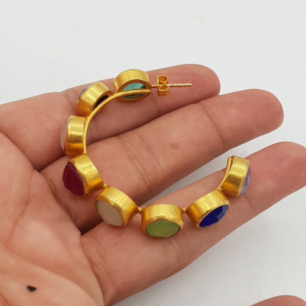 Gold-plated creole with multi-gemstones