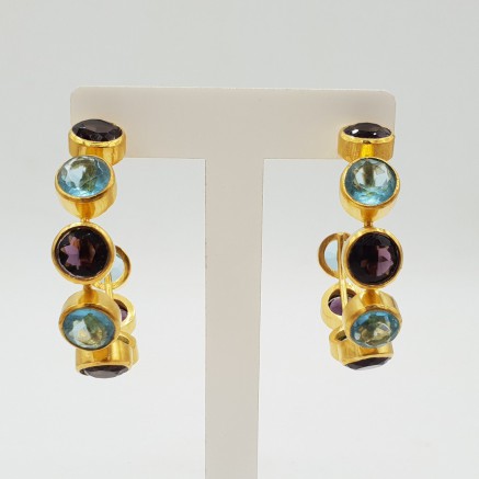 Gold-plated creole with Amethyst, quartz and blue Topaz quartz