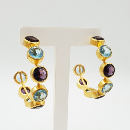 Gold-plated creole with Amethyst, quartz and blue Topaz quartz