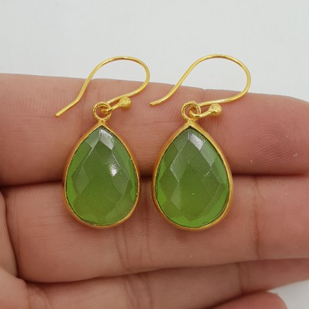 Gold-plated drop earrings with a teardrop shaped green Chalcedony