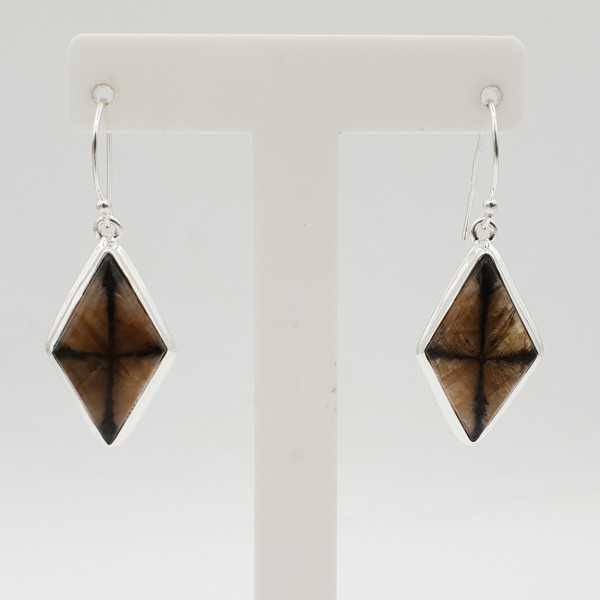 Silver drop earrings made with Chiastoliet