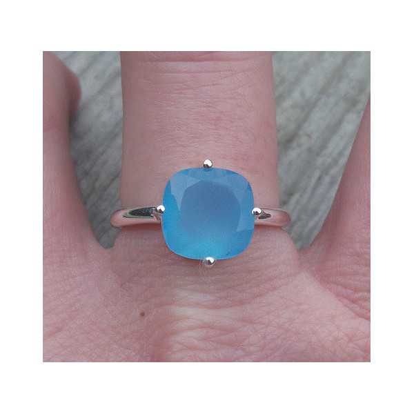 Silber ring mit quadratischen blauen Chalcedon 18 mm 
