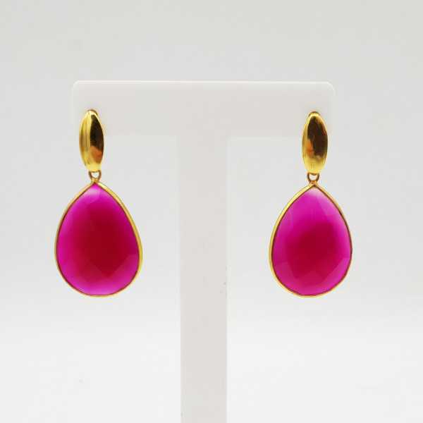 Goud Vergulde Oorbellen Met Fuchsia Roze Chalcedoon